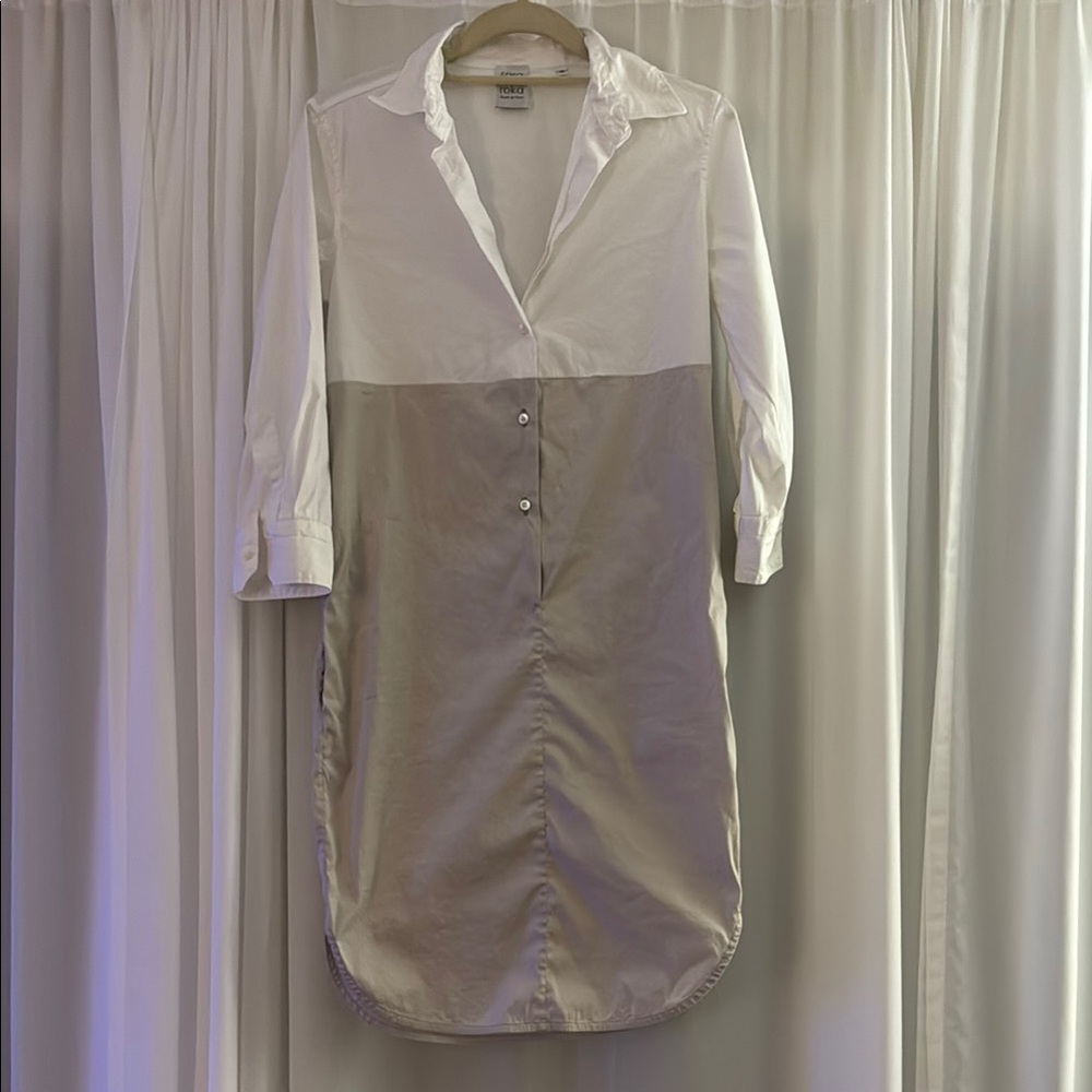 Sara Roka - White and Tan Notched Collar Midi Dress - Size 40